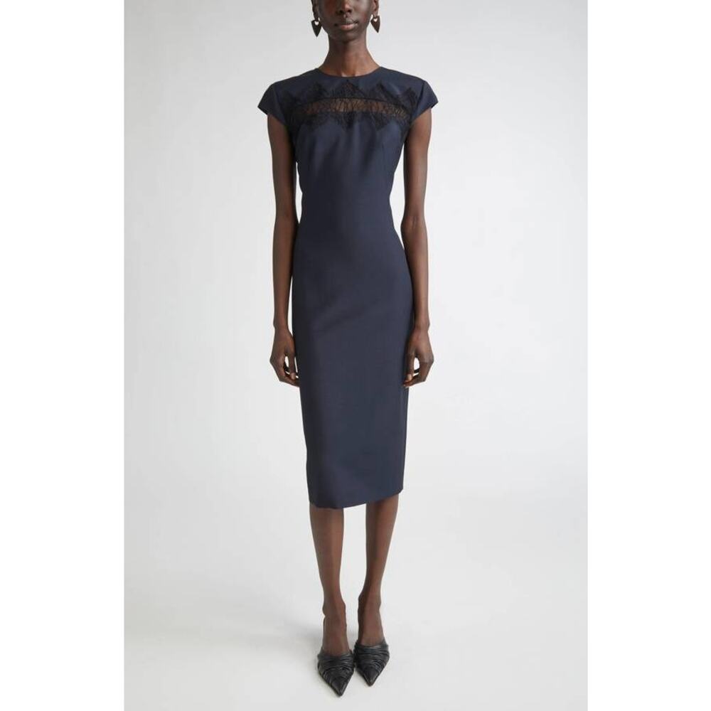 Alexander McQueen Day Lace Cutout Wool & Mohair Sheath Dress in Navy 42 US 6